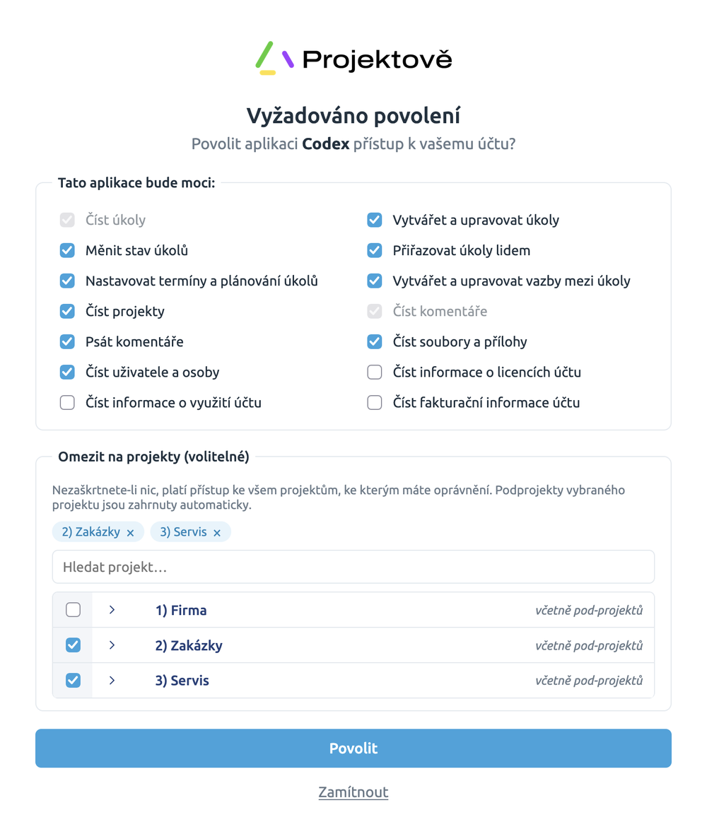 Obrazovka povolení v Projektově: zaškrtávacie políčka oprávnení pre AI a výber projektov, do ktorých uvidí