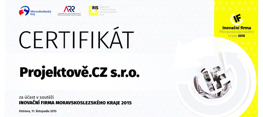 Certifikát za účasť v súťaži inovačné firma Moravskosliezskeho kraja 2015